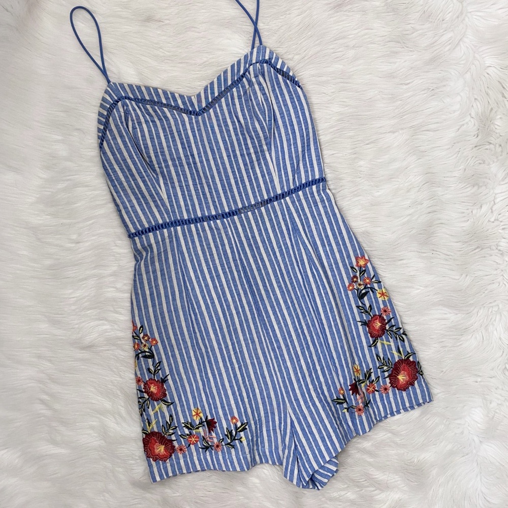 Lush Blue & White Striped Embroidered Romper